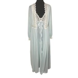 Vintage 70s Olga Nightgown Robe Set Light Blue Lace Maxi Lingerie Size 32 XS/S
